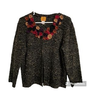 Ruby Rd Sweater Thanksgiving Gray Vintage Cardigan Grannycore Felt Embellishment